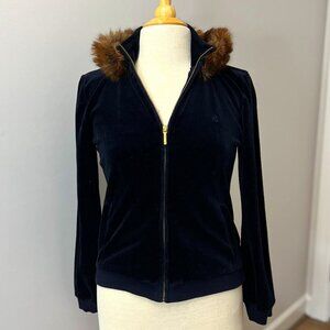 Lauren Ralph Lauren Black Velour Jacket Detachable Fur Collar Sz PS